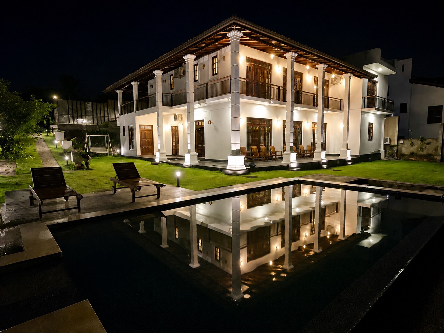 Villa exterior at night